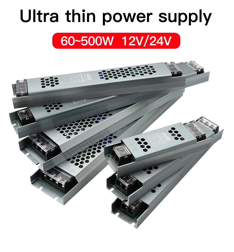Fonte de alimentação led 12v 24v, 60w 100w 200w 300w 400w 500w, transformador ac/dc ultrafino, conversor de driver de led para iluminação de tira led