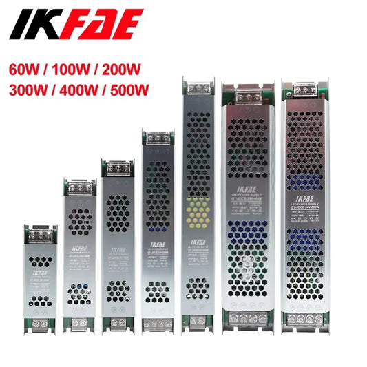 Fonte de alimentação led 12v 24v, 60w 100w 200w 300w 400w 500w, transformador ac/dc ultrafino, conversor de driver de led para iluminação de tira led