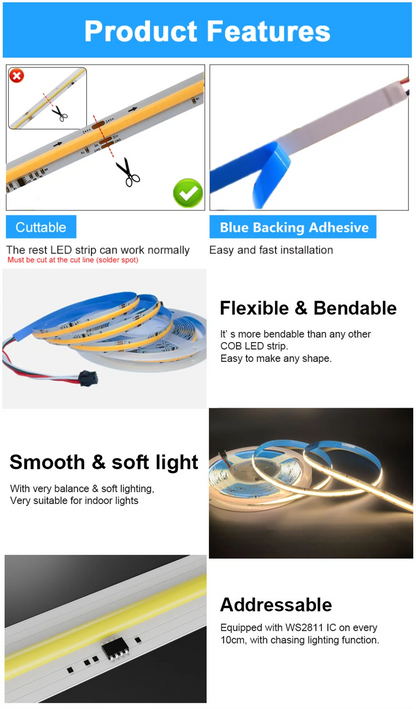 Fita de Led  Endereçada Cob, Pixel Tape, 360LEDs, Power DC24V,